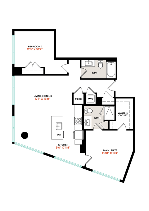 Floor plan for 2 beds, 2 baths, 1173 sqft